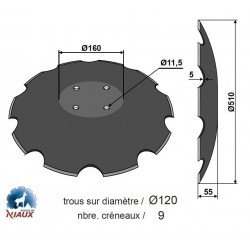 DISQUE CRENELE TYPE AMAZONE-CATROS Ø510x5 , 4 TR. Ø11.5 EA120 / NIAUX