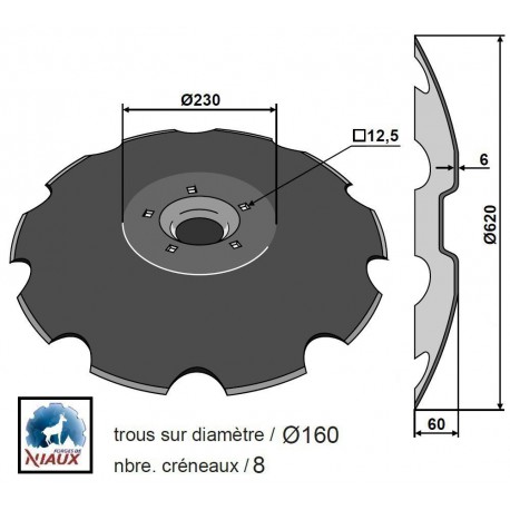 DISQUE CR. TYPE LEMKEN-RUBIN Ø620x6 , 5 TR. Ø12.5 EA160 / NIAUX