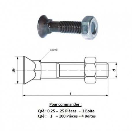 BOULON Tête Fraisée Collet Carré 10X30 8.8 ( prix aux 100 pièces )